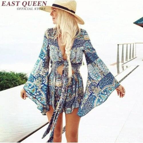 2018 New Summer combishort femme combi short overalls summer women boho jumpsuit low cut v-neck beach vocation tunic AA2129 Q