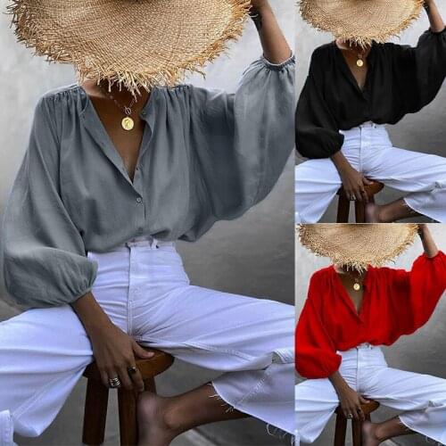 2021 Autumn Women Fashion Lantern Long Sleeve Ladies Shirt Female Sexy Deep V Neck Top Shirt Solid Color Suit Shirt Loose Blouse