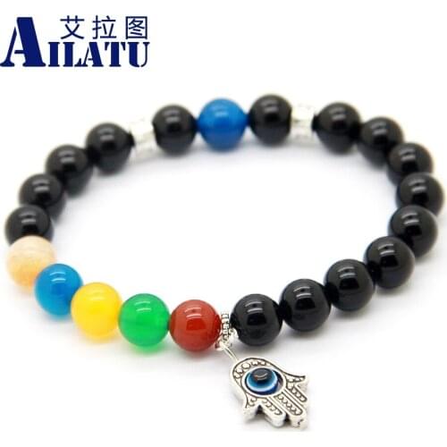 Ailatu New Arrival 8mm Natural Stone Beads Protection Hamsa Fatima Hand Charm Bracelet, Good Luck Jewelry for Women