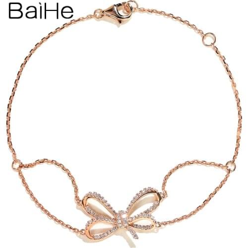 BAIHE Solid 18K White/Yellow/Rose Gold 0.20ct H/SI Natural Diamonds Bowknot Bracelets Women браслет Fine Jewelry Wedding Gold