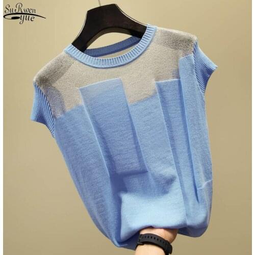 2021 Korean Patchwork Ice Silk Knitted Tops Women Short Sleeve Fashion Thin Blouse Summer Clothing Blusas Mujer De Moda 8796 50