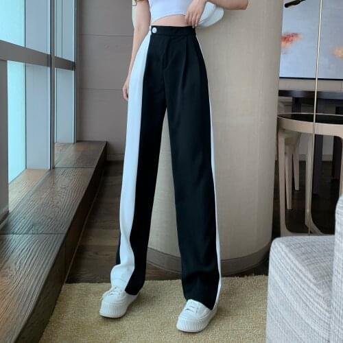 Cheap Women Joggers Sweatpants Casual Wide Leg Pants Women Stripe Hip Hop Sweat Pants Streetwear Patchwork Trousers For Women