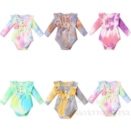 Newborn Baby Girls Tie-dye Romper Autumn Spring Long Sleeve Romper With Bowknot Decoration Baby Girls Gradient Printing Jumpsuit