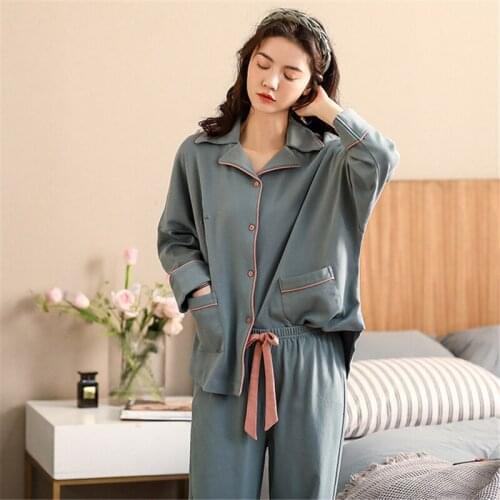 Home service suit cotton lapel loose casual pajamas trousers long-sleeve top two-piece elegant kimono bathrobe New pijamas