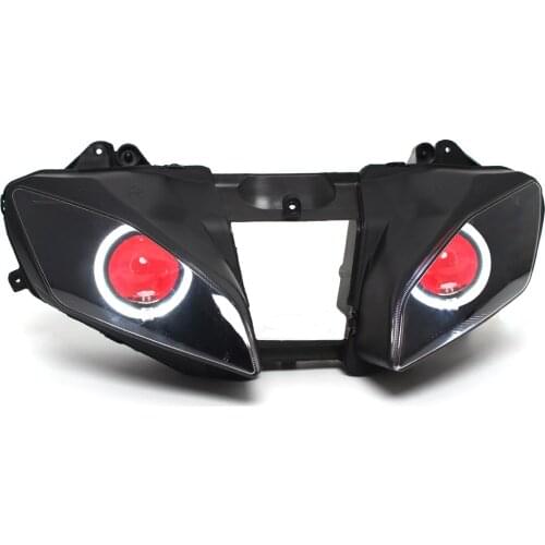 Motorcycle Headlight HID Projector Conversion Headlamp Assembly LED White Angel Eyes Red Demon Eyes DRL For Yamaha YZF R6 06-07