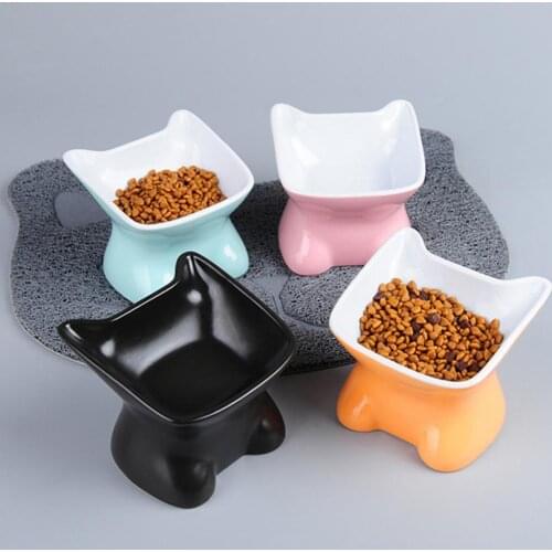 Ceramic Cat Pet Puppy Food Raised Bowl Non-slip Water Tilt Feeder Dish Tableware