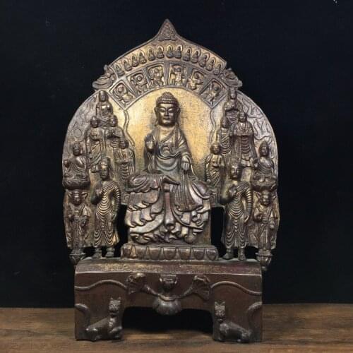 13"Tibet Temple Collection Old Bronze Cinnabar Lacquer Northern Wei Buddha Sakyamuni Ten Thousand Buddhas worship Town House