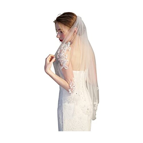Bridal Veil Short wedding vails with Lace Appliques and Elegent Crystal Beaded 2023