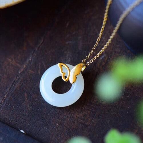 Natural Hetian Jade Butterfly Peace Buckle S925 Sterling Silver Pendant Jade Pendant Peace Buckle Womens White Jade to Give Mom