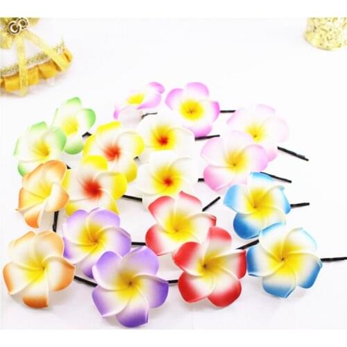 2019 New 50 mixed color Foam Hawaiian Plumeria flower Frangipani Flower bridal hair clip 4.5cm