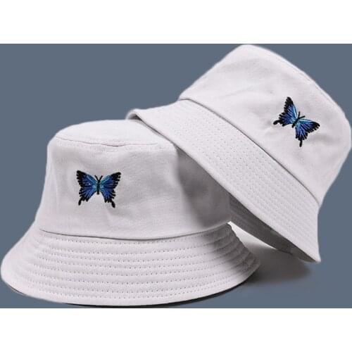 Blue Butterfly Harajuku Fishermans Hats Sunscreen Casual Beach Sun Cap Outdoor Unisex Bucket Hat Foldable Cotton Panama Caps