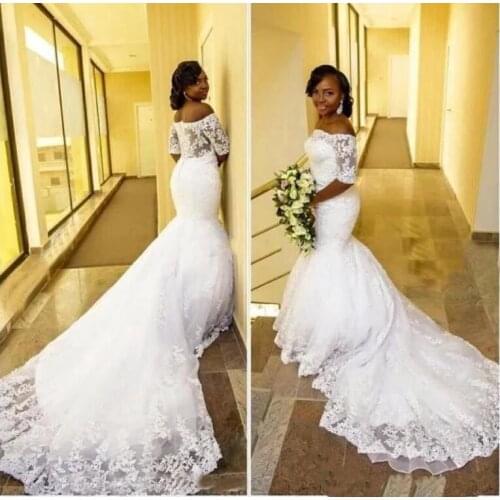 Half Sleeves Mermaid Wedding Dresses Bridal Gowns Off-Shoulder Applique Court Train See-Through Back African Bride Dress