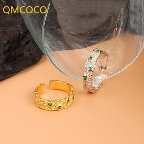 Korean INS 925 Silver Retro Fashion Design Irregular Tin Foil Green Zircon For Female Adjustable Opening Party Ring