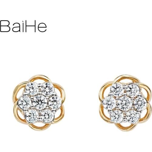 BAIHE Genuine Solid 14K Yellow Gold 0.28ct H/SI Natural Diamond Wedding Trendy Fine Jewelry Diamond Flower Stud Earrings Women