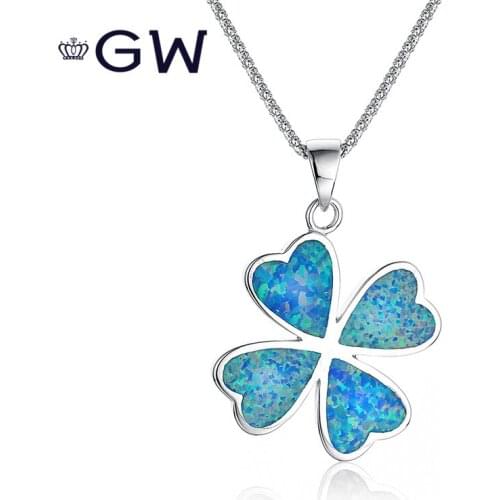 Blue Opal Pendant Necklaces Women S925 Sterling Silver Chain Class Cuet Romantic FOUR-LEAF CLOVER Lucky Jewelry