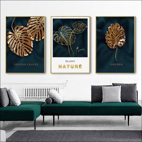 Gold leaf Poster Canvas printing painting modern abstract light luxury decorative mural gold plant leaf restaurant creative gree
