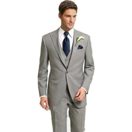 5 pieces Suit Light Grey Groom Tuxedos Peaked Lapel Side Vent Groomsmen Men Wedding Suit(Jacket+Pants+Tie+Vest+handkerchief)