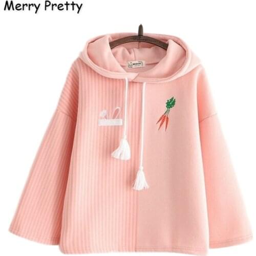 Merry Pretty Womens Cartoon Embroidery Thick Hoodies Sweatshirts 2021 Winter Warm Plus Velvet Harajuku Cute Hooded Pullovers