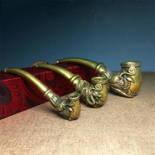 Vintage Chinese Brass Carved Dragon Head Pipe Dragon Phoenix Pipe Tobacco Home Office Desk Decorative Exquisite Small Statues