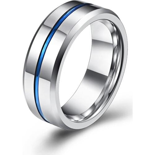 Make Hand Jewelry Gift Wholesale Simple Blue Line Anti-Scratch Steel Tone 8mm Carbide Tungsten Mens Promise Ring Polished
