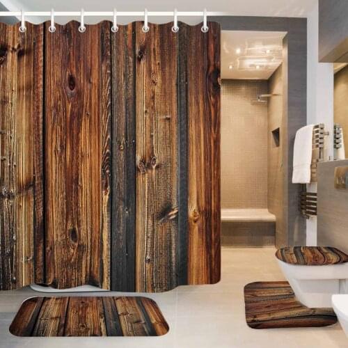 Retro Old Wood Door Shower Curtain Bath Mat Set Waterproof Fabric Bathroom Curtain Set Rug Lid Toilet Cover Home Decor