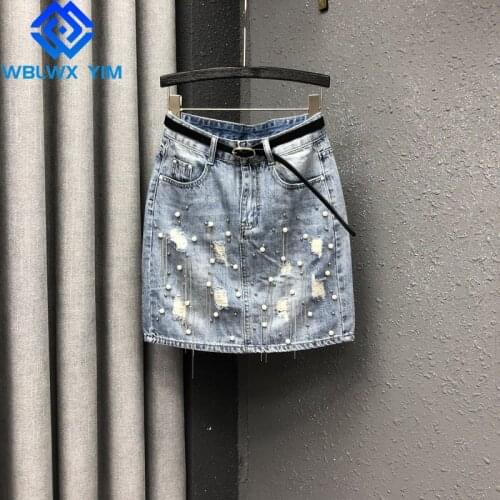 Spring Summer Denim Skirt Women Pocket Hole Fashion Tassel Beaded Skirt Female High waist Loose Plus size A-Line Jeans Skirts