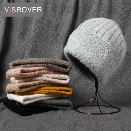 VISROVER 9 Colorway Rabbit Cashmere Woman Winter Hat With Weave Unisex Autumn Cashmere Bonnet With Pompom Woman Warm Skullies