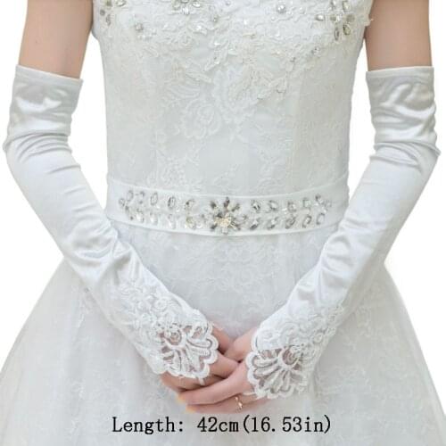 Women Satin Wedding Gloves Floral Applique Faux Pearl Beaded Bridal Prom Mittens
