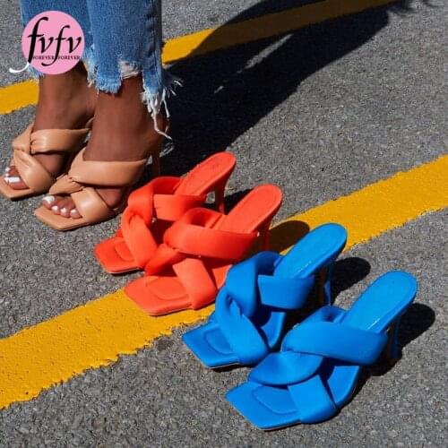 [fvfv]Summer Women Sandals Square Toe Ladies Heel Mules Sexy Thin High Heels Sandals Slippers Female Fashion Woman Shoes 9CM