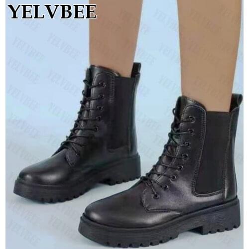 2021 Winter New Ankle Chelsea Boots Chunky Platform Lace-up Goth Women Shoes Warm PU Leather Mid Heels Sport Motorcycle Boots