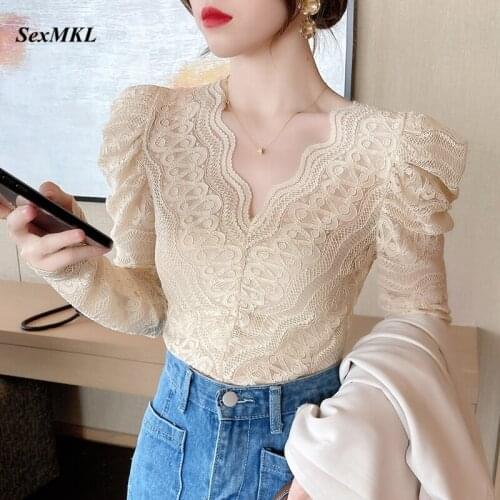 Women V Neck Lace Blouses 2020 Fashion Casual Long Sleeve Sexy Ladies Tops Spring Summer Korean Clothes Slim Hollow Out Blouse