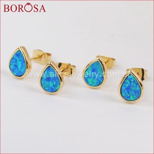 BOROSA Gold Color Bezel Teardrop Shape Blue Opal Stud Earrings Japanese Opal Earrings for Women Girls Party Jewelry ZG0230
