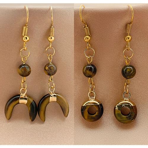 New Fashion Tigereye Earrings Dangle Jewelry for Women Round Moon Shaped Natural Stone Drop Statement Earring Gift Wholesale