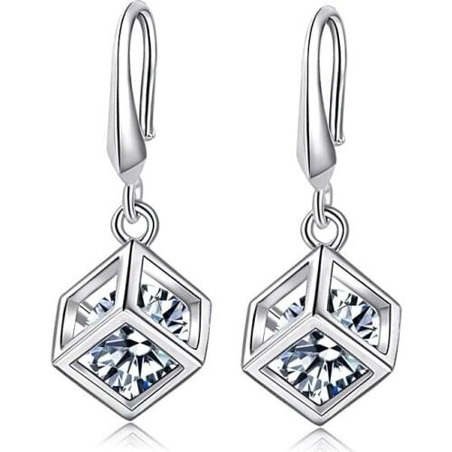 Trendy 925 sterling silver Dangle Earrings for Wedding Engagement Jewelry Square Shape Crystal Drop Earring Women Gift