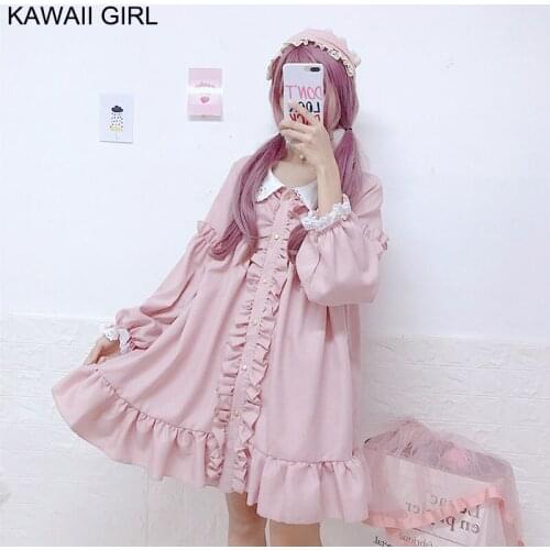 2020 Summer Dress Women Lolita Cosplay Sweet Loose One-Piece Clothing Vestidos Harajuku Pink Ladies Ruffle Lace Kawaii Dresses