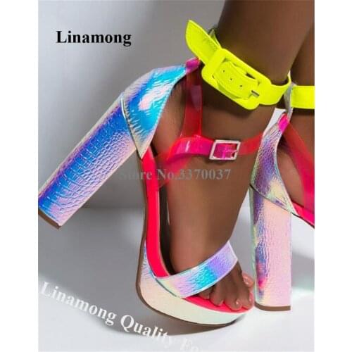 Western Sexy Shining Leather High Platform Chunky Heel Sandals Open Toe Patchwork Ankle Strap PVC Straps High Heel Sandals Heels