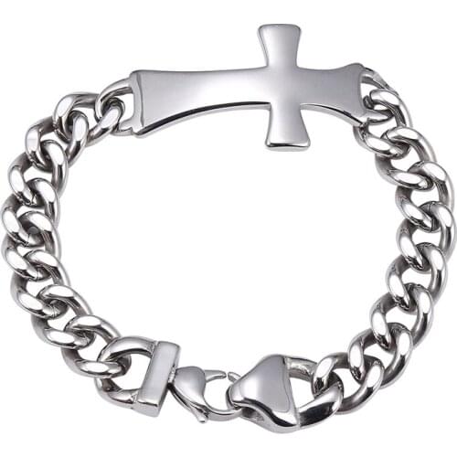 11mm Stainless Steel Curb Cuban Link Chain Cross Bracelets Men Punk Jewelry Male Trendy Accessories Charm Bangles Gift GS0012