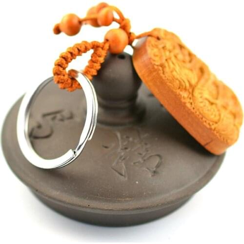 Peach Wood Carving Chinese Dragon Lucky Statue Pendant Buckle Keychain Keyring Chinese dragon statue carved good luck and happys