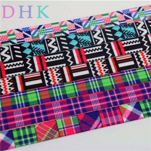 DHK 5/8'' 5yards geogratical plaid printed Fold Elastic FOE headband headwear hairband DIY decoration OEM E528