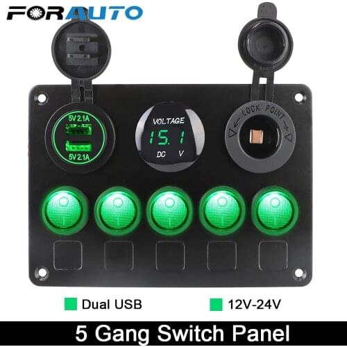 Dual USB Port Digital Voltmeter 12V Outlet 5 Gang LED Toggle Rocker Car Switch Panel For Marine Car Truck Ship
