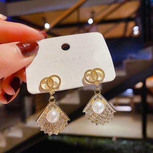 Geometric Double Circle Fan-shaped Pearl Drop Earrings Fashion Inlaid Crystal Beautiful Luxury Wild Earrings Female Jewelry