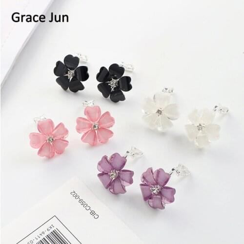 Grace Jun Korea Style Flower Shape Opal Clip on Earrings Without Piercing for Girls Party Wedding Charm Earrings Anti-allergy