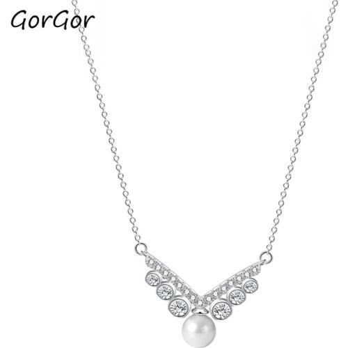 GorGor Necklace Women 925 Sterling Pattern V-letter Mosaic Zirconia with Fritillary Pendant Luxury Engagement Jewelry A2160