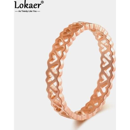 Lokaer Titanium Stainless Steel Hollow Love Heart Ring Trendy Office Style Rose Gold Party Rings For Women Girls R19180