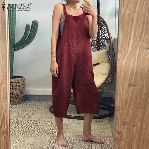 2021 ZANZEA Vintage Linen Overalls Womens Summer Jumpsuits Casual Strap Wide Leg Playtsuits Cropped Pant Plus Size Pantalon 5XL