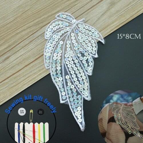 1pc white leaf lace patches for clothing sequin embroidery appliques Sequins parche DIY handmade clothes accessories