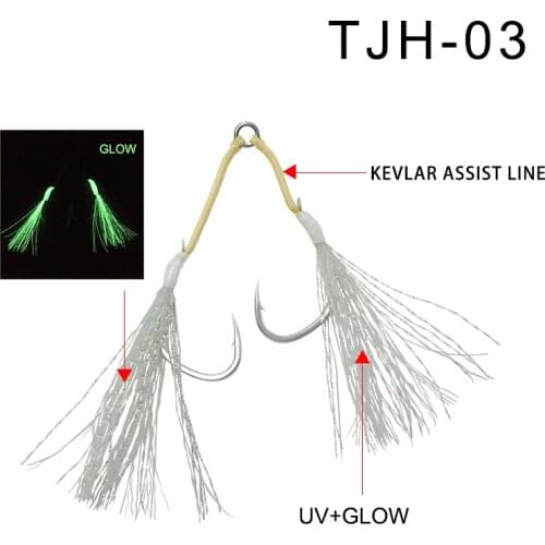JK 10 pcs TJH Kevlar Wire Tying Hook Stainless Steel Solid Ring Tied To Sea Fishing Luminous Double hook