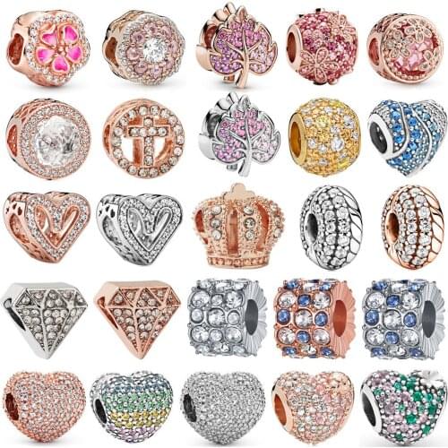 New Shiny Full Rhinestone Crown Heart DIY Beads Suitable for Original Pandora Charm Bracelet Ladies European Jewelry Making Gift