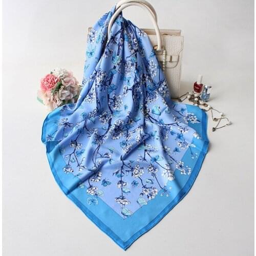New Brand Design 100% Silk Squre Scarf Butterfly Printed Large Handkerchief Floral Wrap Shawl 90cm