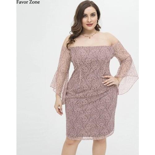 4XL Sexy Slash Neck Off Shoulder Plus Size Slim Summer Dresses For Women 2021 Elegant Lace Flare Sleeve Plump Ladies Party Dress